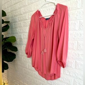 Coral tunic boho style top/blouse with tie at neck and 3/4 length sleeves.